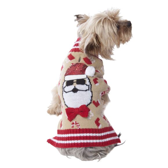 Holiday Time Pet Sweater Hip Santa Size Medium 20-50lbs Tan Red Sequin Festive - Picture 1 of 3